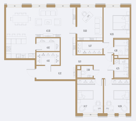 ЖК «Малоохтинский, 68», планировка 4-комнатной квартиры, 147.84 м²