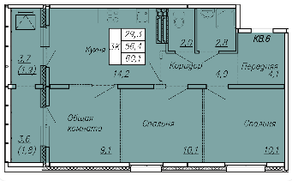 ЖК «Сибирь», планировка 3-комнатной квартиры, 60.10 м²