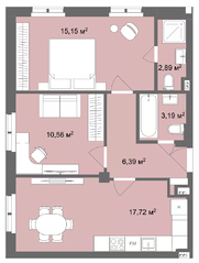 Апарт-отель «Наследие на Марата», планировка 2-комнатной квартиры, 56.10 м²