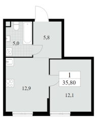 ЖК «Южные сады», планировка 1-комнатной квартиры, 35.80 м²