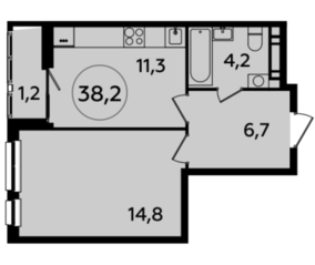 ЖК «Южные сады», планировка 1-комнатной квартиры, 38.20 м²