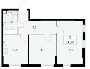 ЖК «Южные сады», планировка 2-комнатной квартиры, 53.50 м²
