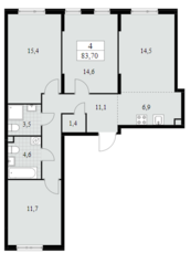ЖК «Южные сады», планировка 4-комнатной квартиры, 83.70 м²