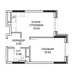 МФК «Clementine», планировка 1-комнатной квартиры, 35.39 м²