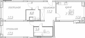 ЖК «Полет» (Ногинск), планировка 2-комнатной квартиры, 80.80 м²