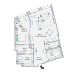 МФК «Звезды Арбата», планировка 2-комнатной квартиры, 129.00 м²