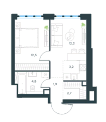 МФК «Level Южнопортовая», планировка 2-комнатной квартиры, 37.40 м²