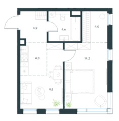 ЖК «Level Селигерская», планировка 2-комнатной квартиры, 41.10 м²