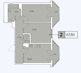 ЖК «Tesoro», планировка 2-комнатной квартиры, 67.86 м²