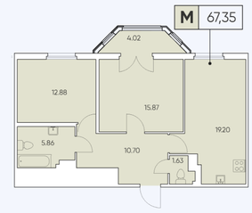 ЖК «Tesoro», планировка 3-комнатной квартиры, 67.35 м²