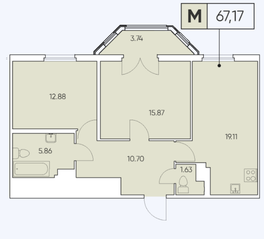 ЖК «Tesoro», планировка 3-комнатной квартиры, 67.17 м²