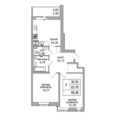 ЖК «Северная долина», планировка 2-комнатной квартиры, 66.26 м²
