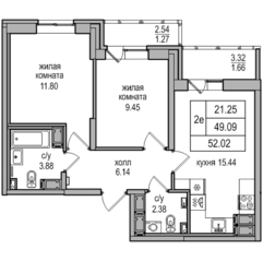 ЖК «Северная долина», планировка 3-комнатной квартиры, 52.02 м²