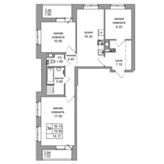 ЖК «Северная долина», планировка 3-комнатной квартиры, 74.17 м²