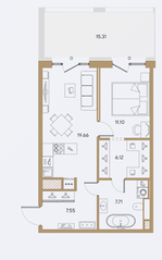 ЖК «Большой 67», планировка 1-комнатной квартиры, 52.14 м²