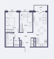ЖК «Большой 67», планировка 2-комнатной квартиры, 63.78 м²