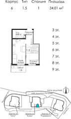 ЖК «Малая Финляндия», планировка 1-комнатной квартиры, 34.01 м²