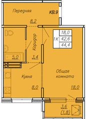 ЖК «Сибирь», планировка 1-комнатной квартиры, 44.40 м²