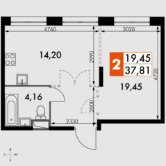 Апарт-отель «Движение. Говорово», планировка 2-комнатной квартиры, 37.81 м²