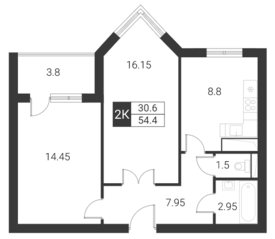 ЖК «Квартал Гальчино», планировка 2-комнатной квартиры, 54.40 м²