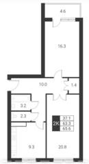 ЖК «Квартал Гальчино», планировка 2-комнатной квартиры, 65.60 м²