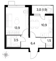 ЖК «Первый Лермонтовский», планировка 1-комнатной квартиры, 38.10 м²
