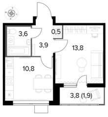 ЖК «Первый Лермонтовский», планировка 1-комнатной квартиры, 34.50 м²