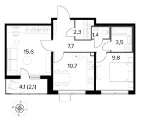 ЖК «Первый Лермонтовский», планировка 2-комнатной квартиры, 53.10 м²