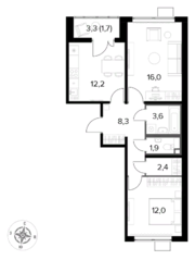 ЖК «Первый Лермонтовский», планировка 2-комнатной квартиры, 58.10 м²