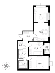 ЖК «Первый Лермонтовский», планировка 3-комнатной квартиры, 68.00 м²