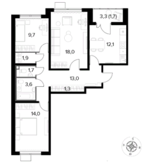 ЖК «Первый Лермонтовский», планировка 3-комнатной квартиры, 77.00 м²