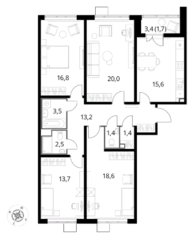 ЖК «Первый Лермонтовский», планировка 4-комнатной квартиры, 108.40 м²
