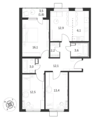 ЖК «Первый Лермонтовский», планировка 4-комнатной квартиры, 83.70 м²