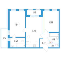ЖК «Aerocity Club», планировка 2-комнатной квартиры, 62.45 м²