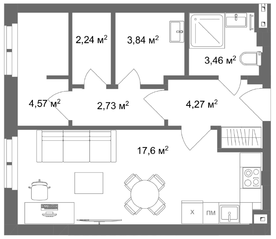 Апарт-отель «Наследие на Марата», планировка 1-комнатной квартиры, 38.90 м²