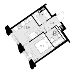 ЖК «Новая Звезда» (Газопровод), планировка 1-комнатной квартиры, 31.60 м²