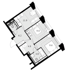 ЖК «Новая Звезда» (Газопровод), планировка 2-комнатной квартиры, 47.70 м²