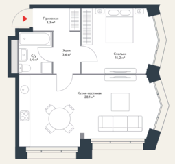 МФК «Ривер Парк», планировка 2-комнатной квартиры, 53.60 м²