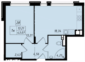 МЖК «Бристоль Москва», планировка 1-комнатной квартиры, 43.07 м²
