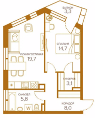 ЖК «Champine», планировка 1-комнатной квартиры, 52.10 м²