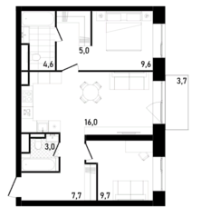 ЖК «Republic», планировка 2-комнатной квартиры, 62.39 м²