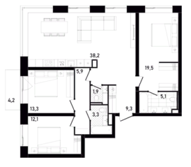 ЖК «Republic», планировка 3-комнатной квартиры, 109.87 м²