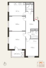 ЖК Миниполис «Восемь кленов», планировка 3-комнатной квартиры, 90.80 м²