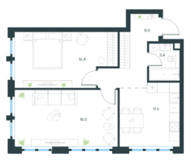 МФК «Level Южнопортовая», планировка 2-комнатной квартиры, 57.20 м²