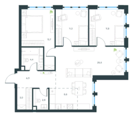 МФК «Level Южнопортовая», планировка 4-комнатной квартиры, 83.70 м²