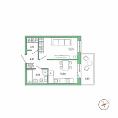 ЖК «IQ Гатчина», планировка 1-комнатной квартиры, 34.13 м²
