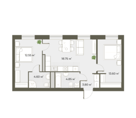 ЖК «Аура», планировка 2-комнатной квартиры, 63.20 м²