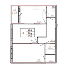 ЖК «Tre Kronor», планировка 2-комнатной квартиры, 66.90 м²