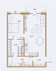 ЖК «Большой 67», планировка 1-комнатной квартиры, 64.44 м²