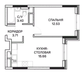 МФК «Clementine», планировка 1-комнатной квартиры, 35.28 м²